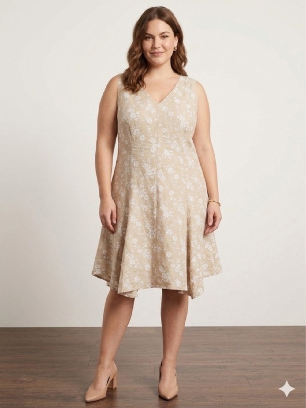 NWOT Jessica London Plus Size 22 Tan White Floral Linen A-Line Sleeveless Dress